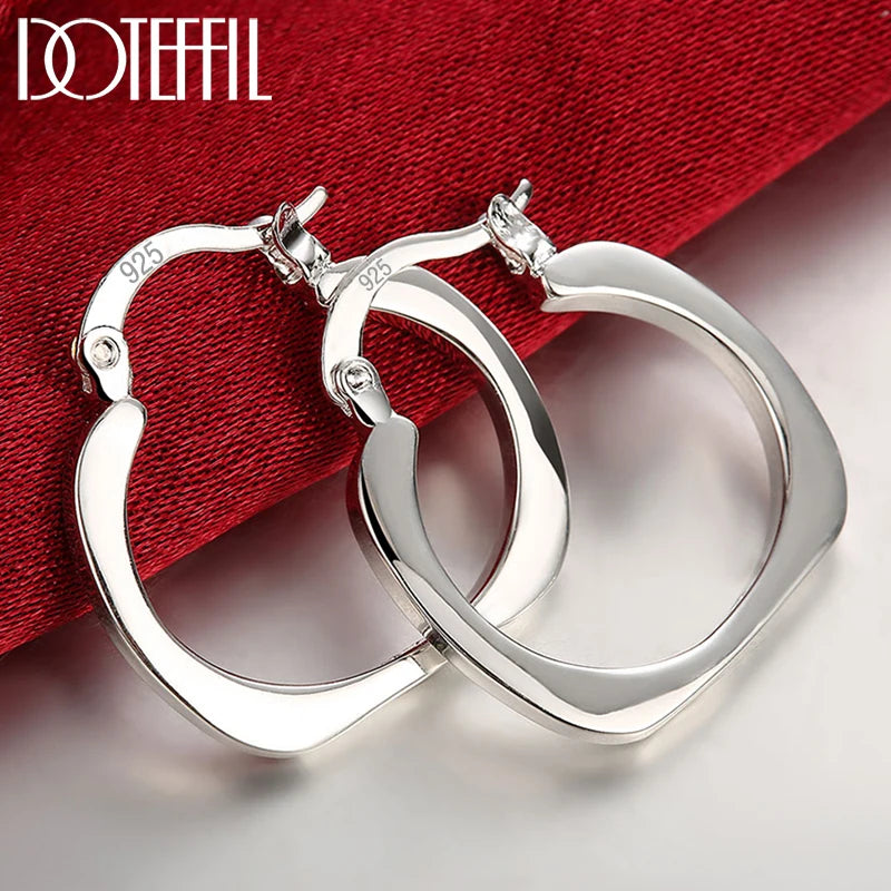 DOTEFFIL 925 Sterling Silver Flat Square Round 20mm Hoop Earrings For Woman Wedding Engagement Fashion Party Charm Jewelry