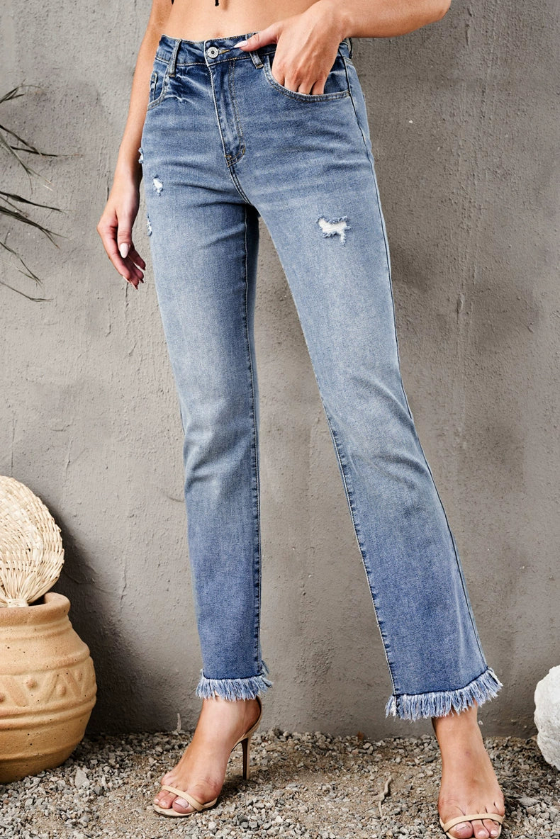 2024 Pure Color Washed Denim Women Fashion Idle Style Loose Cool Casual High Waist Straight-Leg Pants Women