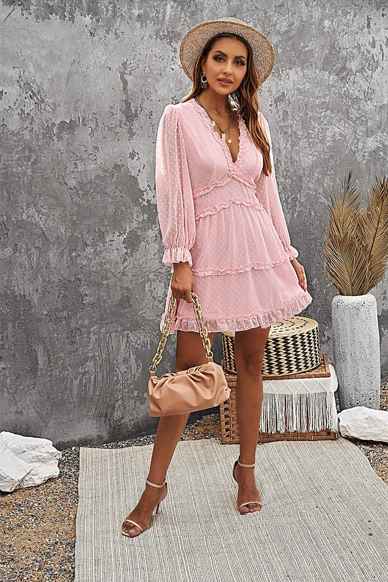 European and American Sexy Deep V Long Sleeve Dress Female 2024 Summer New Arrival Pure Color All-Matching Lantern Sleeve Knee-Length Skirt Female