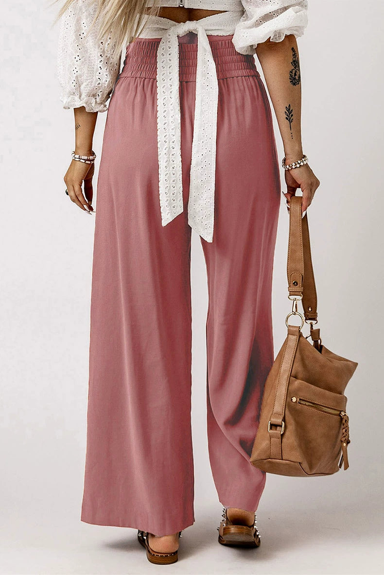 2024 Early Autumn Thin Type Drawstring Casual Pants Women's Fashion Style Fashion All-Match Smocking Wide Waist Head Ladies Wide Leg Pants