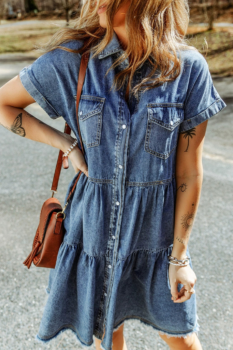 2024 Special-Interest Design Dress Female Fashionable European and American Style Single Breasted Cinched Slimming Short Sleeves Denim Skirt