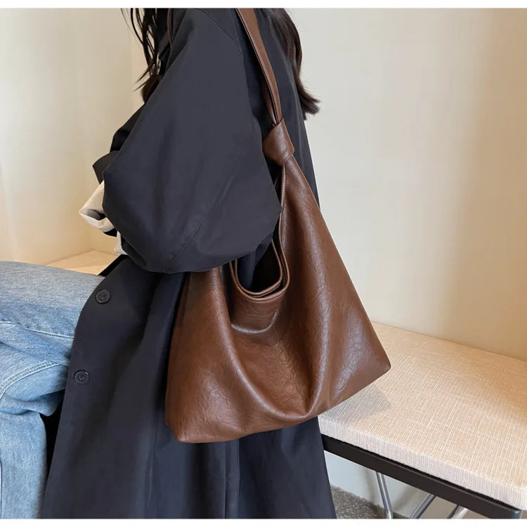 Fashion Luxury Brown Handbags Women Large Capacity Shoulder Bags Retro Leather Tote Bag Shopping 2024 New Big Underarm Hobo Bags